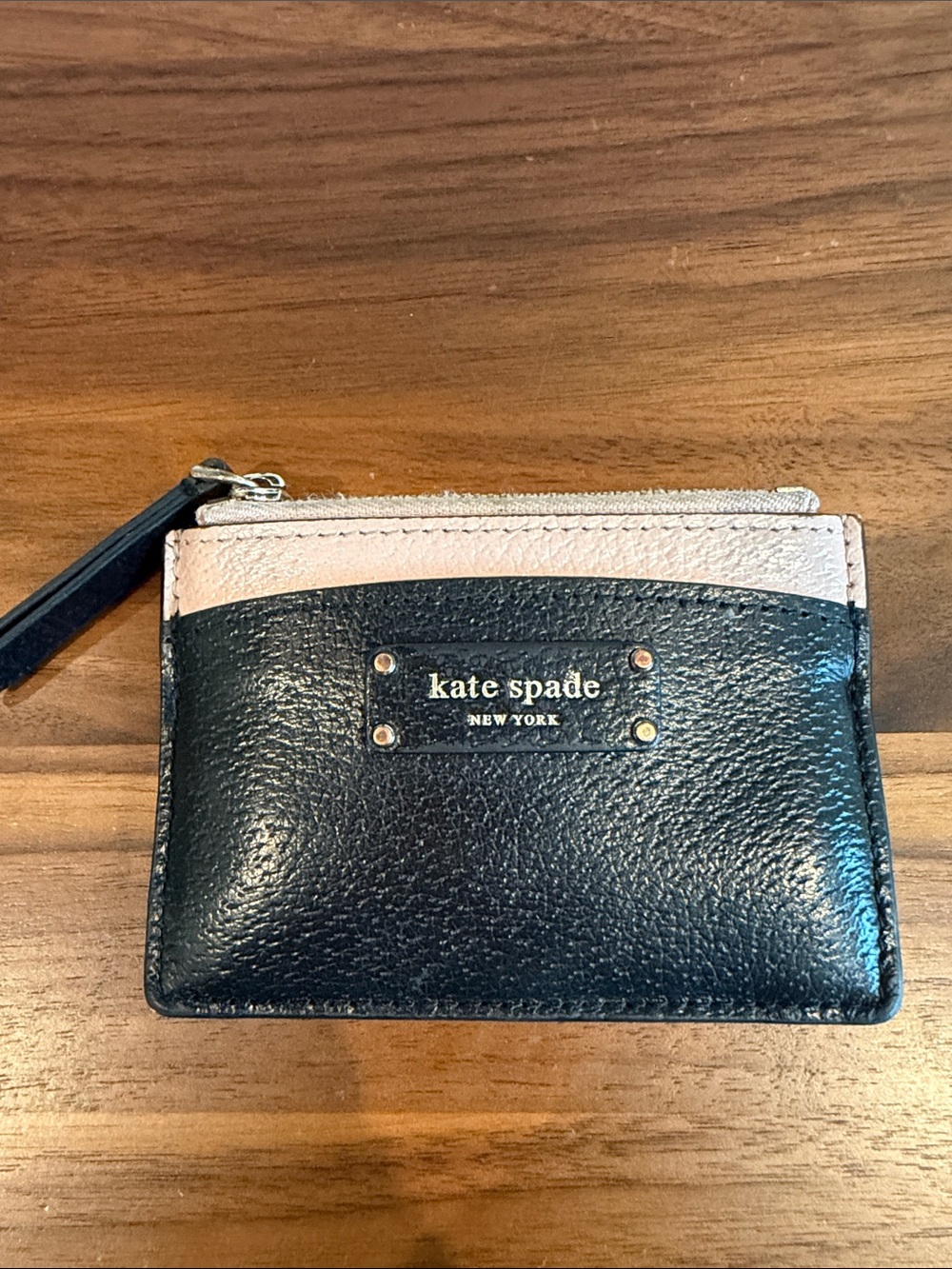 kate spade Black and Blush Leather Small Zip Card Holder
